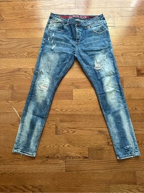 Smugglers Moon Jeans Men’s 38x33 Slim Fit Distressed Button Fly Roll Up